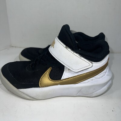 Nike Team Hustle Child Black White Gold Basketball Low Top Shoe Sneaker Sz 12C