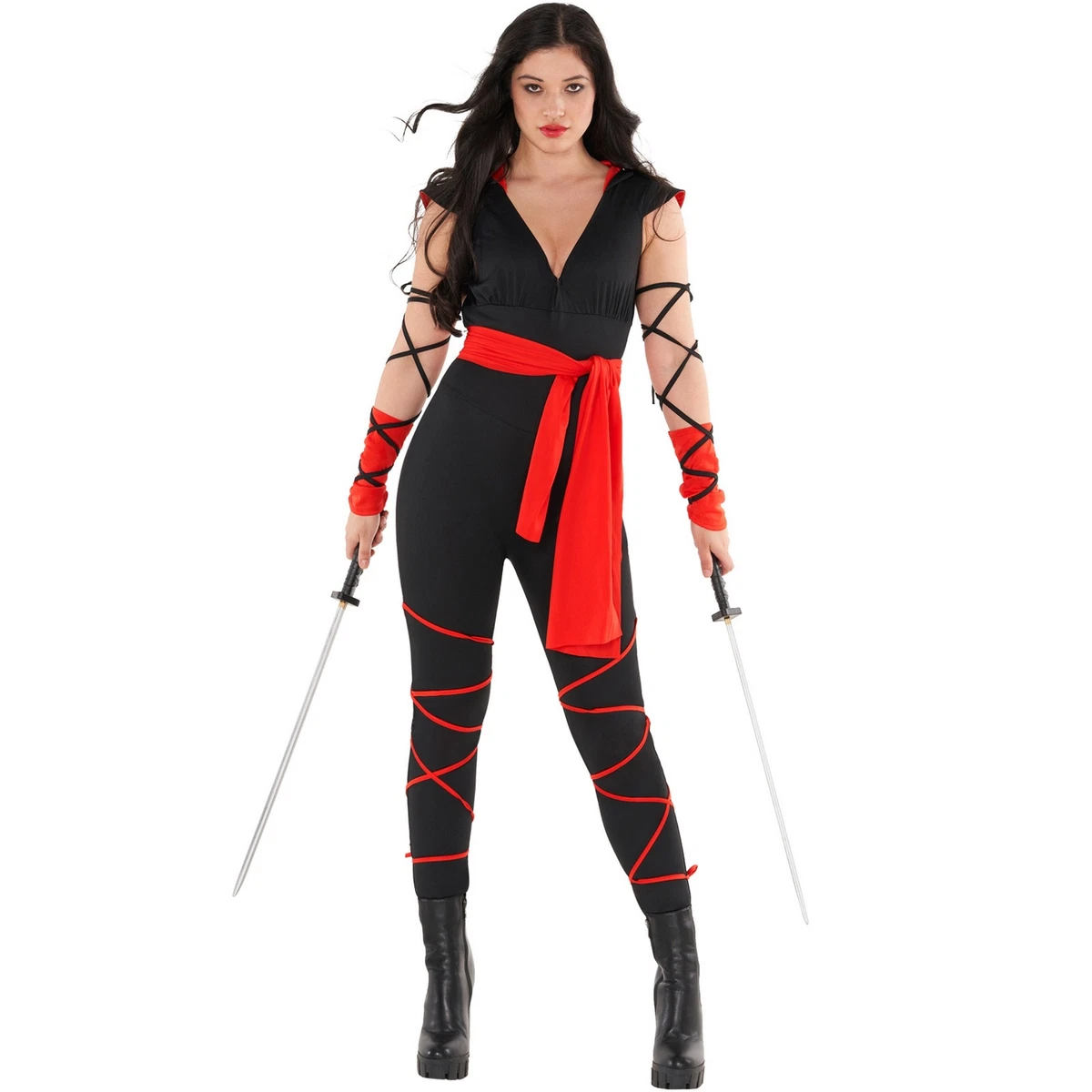 Womens Black & Red Ninja Costume Ladies Warrior Halloween Fancy Dress  Jumpsuit