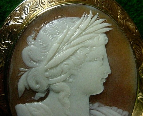 ANTIGUO Broche Cameo de cornalina de oro amarillo de 14 K Grabado Deméter Ceres - Imagen 5 de 12