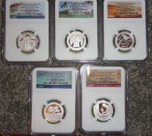 2020 S NGC PF70 ULTRA CAMEO 5 COIN SILVER PROOF QUARTER SET SPECIAL ATB LABELS