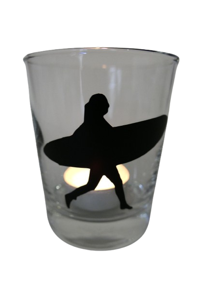"Deko Teelicht Windlicht Print \"Surferin\" Schwarz Glas Kerzenhalter"-image