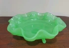 Vintage 1920 Jadeite Footed Candy Dish Ruffled Scalloped Green Glass Bowl 7in