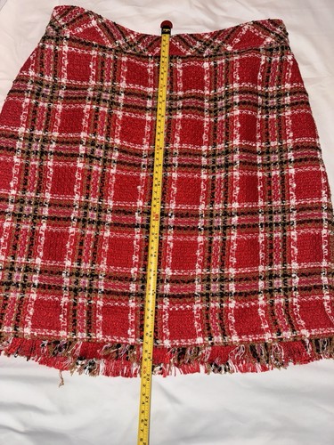 Falda clásica de tweed con flecos a cuadros Ann Taylor roja 578511 talla 4 parte superior de la rodilla nueva sin etiquetas - Imagen 14 de 17