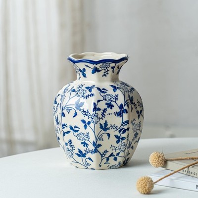 Small Blue and White Ceramic Vase, 6 Inch Vintage Chinoiserie