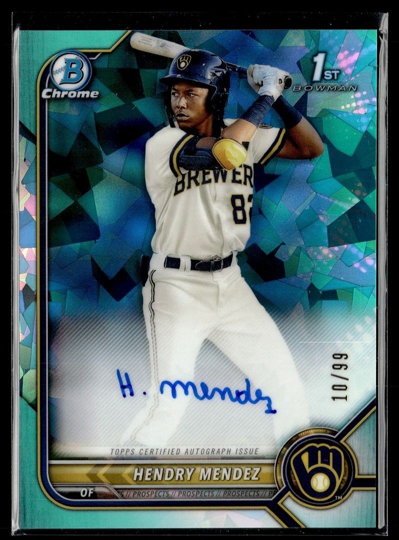 2022 BOWMAN CHROME SAPPHIRE AQUA /99 1ST PROSPECT AUTO HENDRY MENDEZ BREWERS