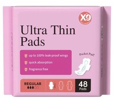 X9 Ultra Thin Pads, 100 Leak-Proof Wings, Fragrance-Free, Regular, 48ct