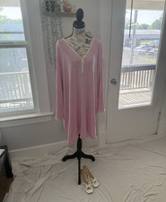 Chaps Pink/White Striped Cotton Knit Henley Sleepshirt Dress Long Sleeve Plus 3X