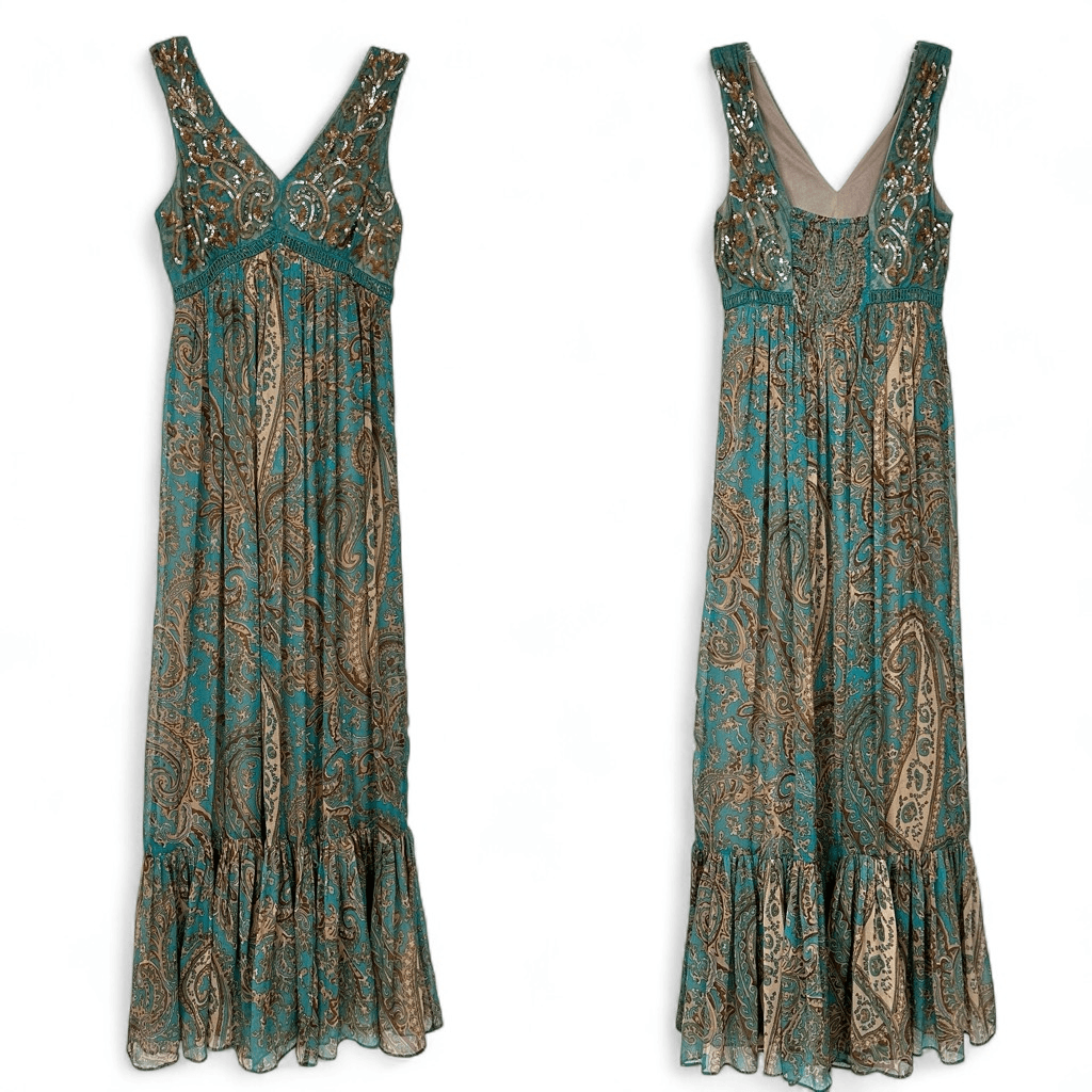 ranna gill beaded maxi dress Long Beaded Prom Dress with Strappy Open Back Aqua / 10