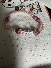 Girls Adjustable Pink Multicolor Beaded Charm Bracelet Plastic LOVE Theme
