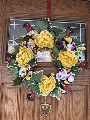 Artificial Silk Peony Wreath Yellow Purple Green White Floral Door Decoration