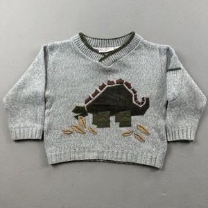 Vintage Dinosaur Sweater Baby 12M Months Beige Knit Stegosaurus Leaf Cartoon 90s