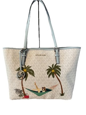 Michael Kors Jet Set Monogram Tote Carryall White/Blue, Silver Hardware Charm