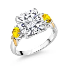 925 Silver and 10K Yellow Gold White Moissanite and Yellow Sapphire 3 Stone