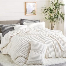 Fluffy Faux Fur Duvet Cover Size Velvet Flannel Striped Reversible Queen White