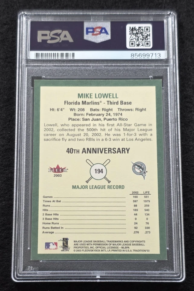 2003 MIKE LOWELL Signed Fleer Baseball Card-YANKEES-FLORIDA MARLINS-PSA - Image 4 of 4