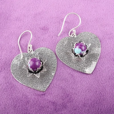 925 Silver Purple Copper Turquoise Gemstone Dangle Drop Wedding Earrings Jewelry - Image 1 of 4