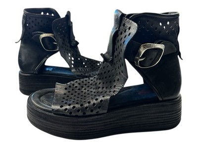 A.S.98 Prentice Wedge Sandals Black Platform Leather Boho New EU 37, US 6.5-7