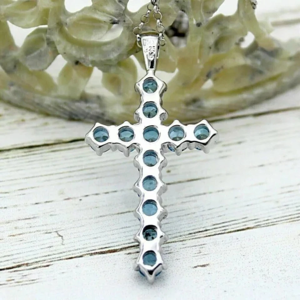 Único Collar Colgante Cruz Aguamarina Natural 3Ct Oro Blanco Sólido 14K Foto 4 de 4