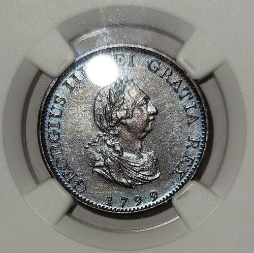 1799 Great Britain 1/4 P Farthing George III Beautiful Blue Toning NGC MS 63 BN