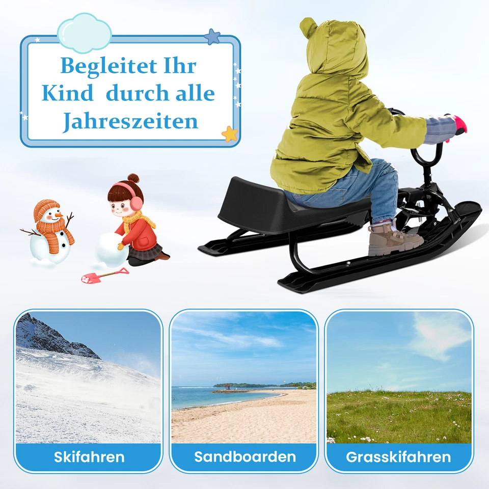 Lenkschlitten Bob mit Lenkrad 2 Fußbremsen Zugseil Kufenlenkung Kinderschlitten - Bild 4 von 4