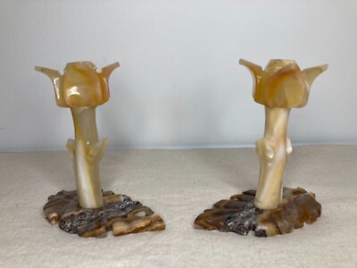 Vintage Hand Carved Marble/Onyx Tulip Flower and Leaf Candle Holders- set of 2
