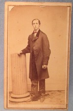 Antique CDV Photograph of Long Coated Man Red Bow Tie ~ Powelson Rochester NY