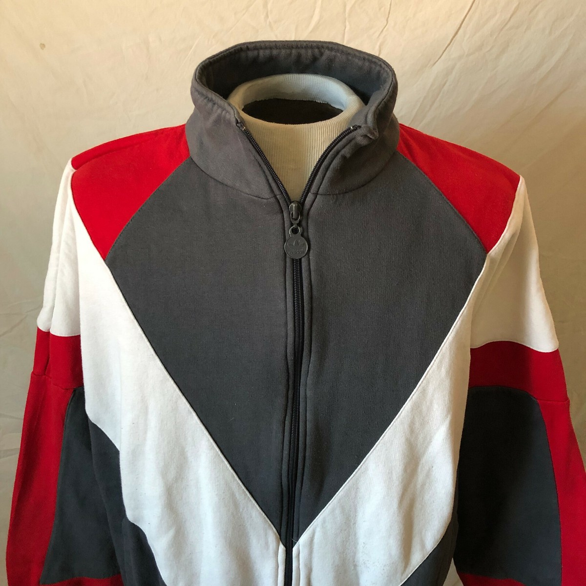 Vintage 80s Adidas Zip Up Track Jacket Large Gray White Red