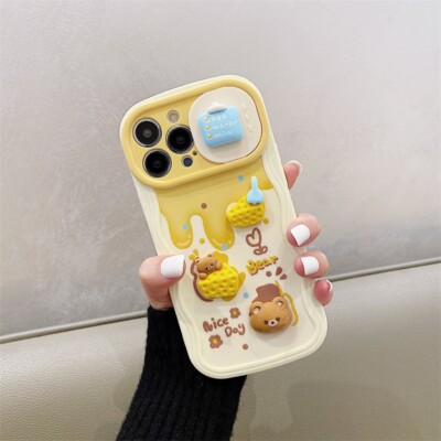 Cute 3D Cheese Bear Push Camera Protection Liquid Silicone Rubber Phone Case For