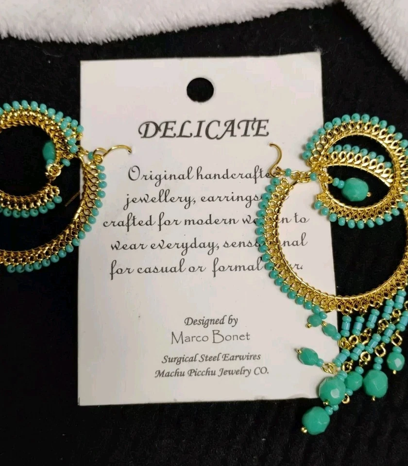 MARCO BONET Machu Picchu Jewelry Co. 3.75" Placa de Oro Verde azulado ¡Pendientes de araña! Foto 3 de 4