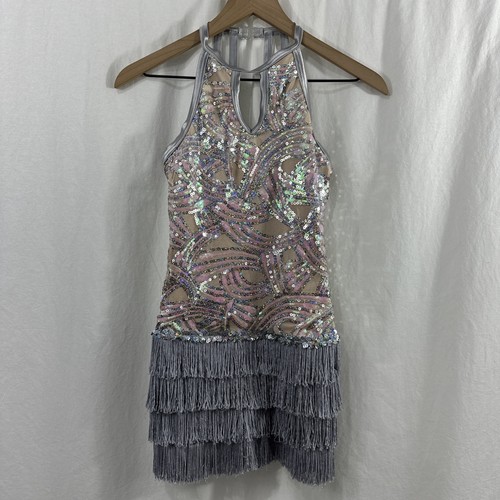 Weissman Big Girls Dont Cry Fringe Halter Silver Dance Costume Size SA Lined