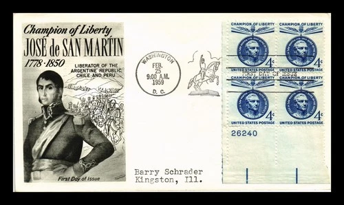 US COVER SAN MARTIN CHAMPION OF LIBERTY FDC PLATE BLOCK FLEETWOOD