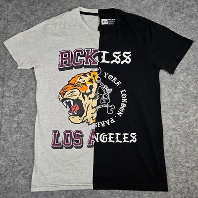 Young & Reckless Mens Black Grey Split Tiger Skull Graphic T-Shirt Medium