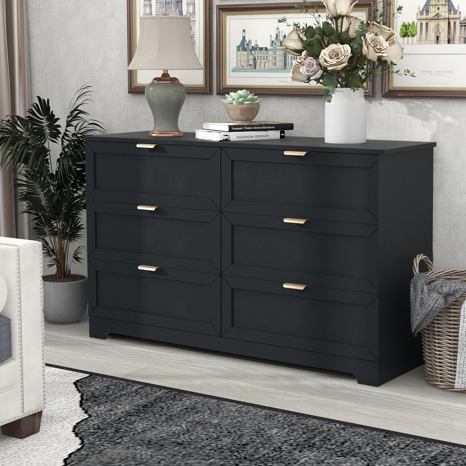 Modern 6-Drawer Wood Dresser for Bedroom with Large Storage