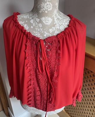 New Elasticated Hem Sheer Red Crochet On/off Shoulder Top ITALY MODA LAGENLOOK