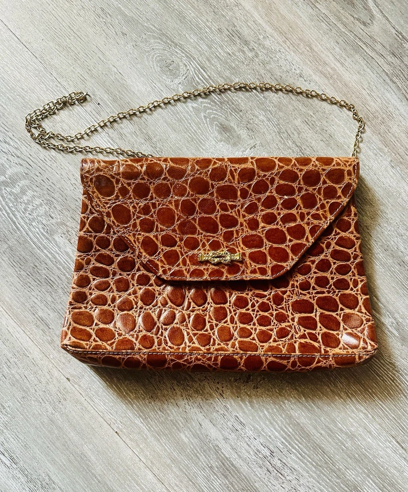 Pochette sac de soirée femme cuir effet croco marron chaîne dorée doublée - Photo 1/3