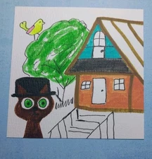 Cat, Kitten, Bird, House, Whimsical Animals Signed Art 4x4 GAT Original Painting