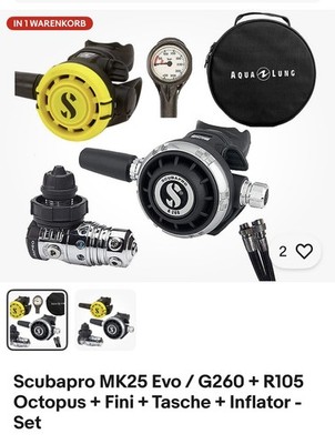 Scubapro MK25 Evo / G260 + R105 Octopus + Fini + Tasche + Inflator - Set