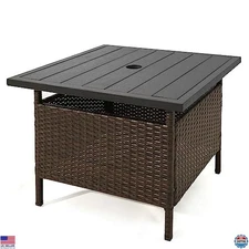 Tangkula Rattan Coffee Table with Umbrella Hole - Durable HDPE Top & Metal Frame