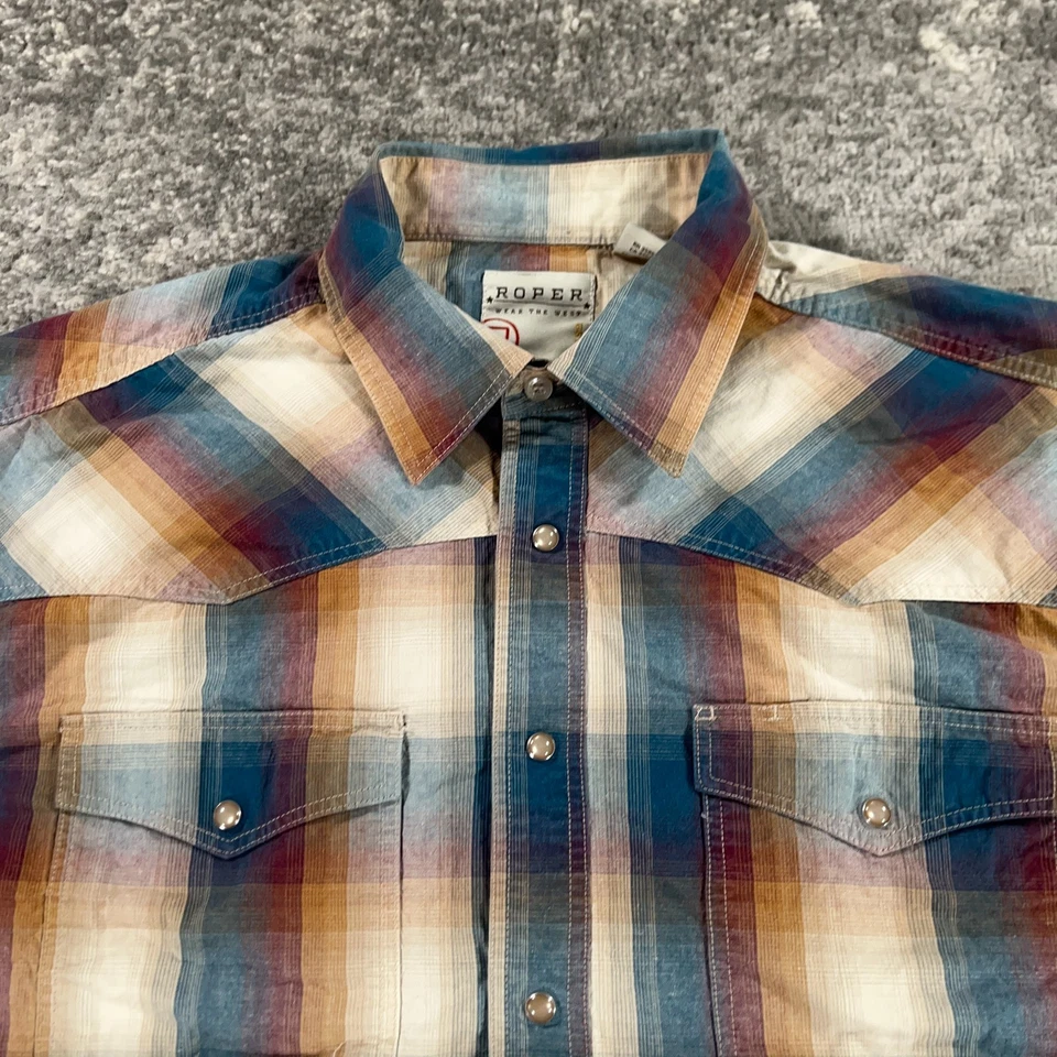 Camisa Roper Western Para Hombre Grande L Beige Azul Cuadros Perla A Presión Manga Larga Vaquero Foto 2 de 4