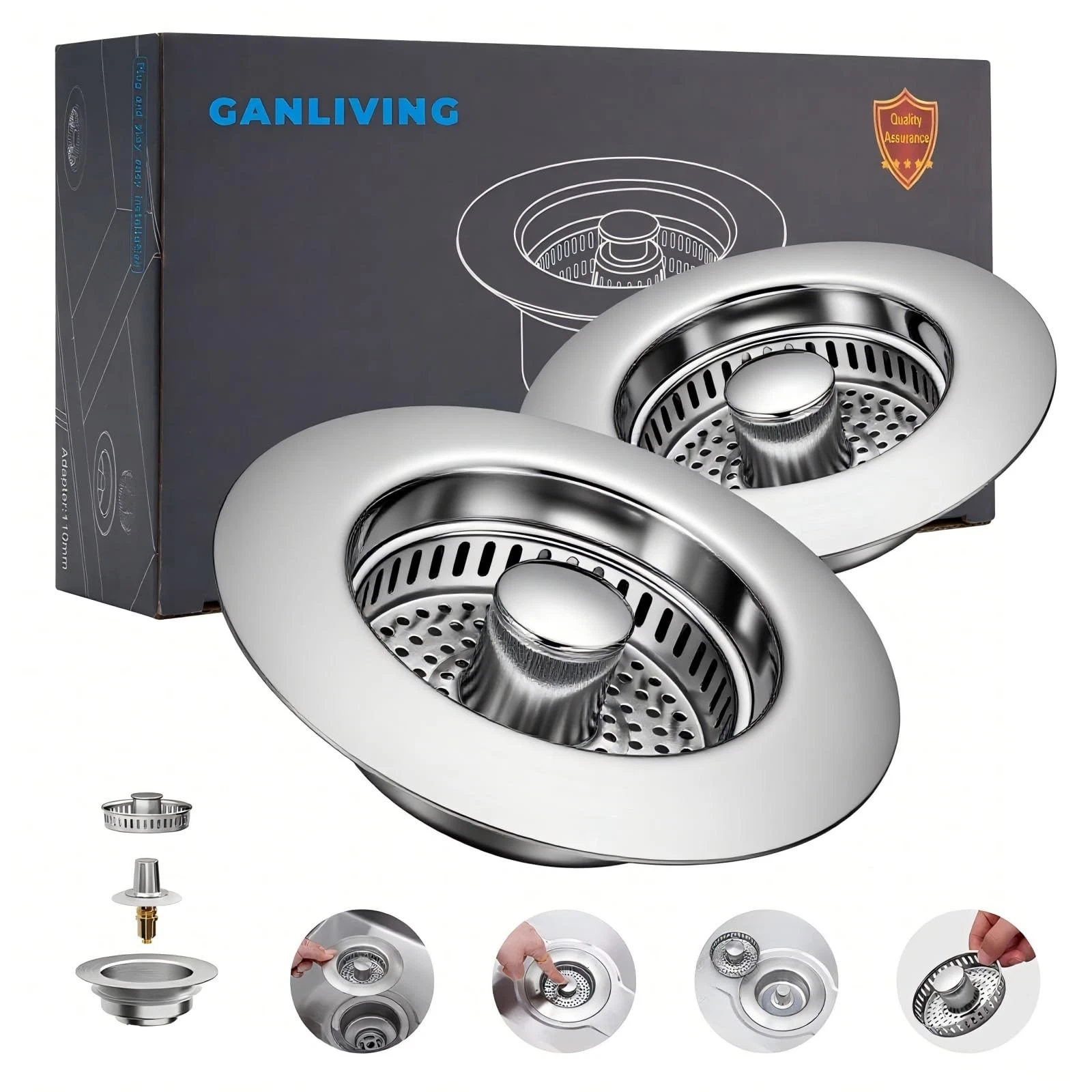 2Pk3-in-1 Pop Up Stopper, 304 SS 3-1/2" Kitchen Drain Strainer