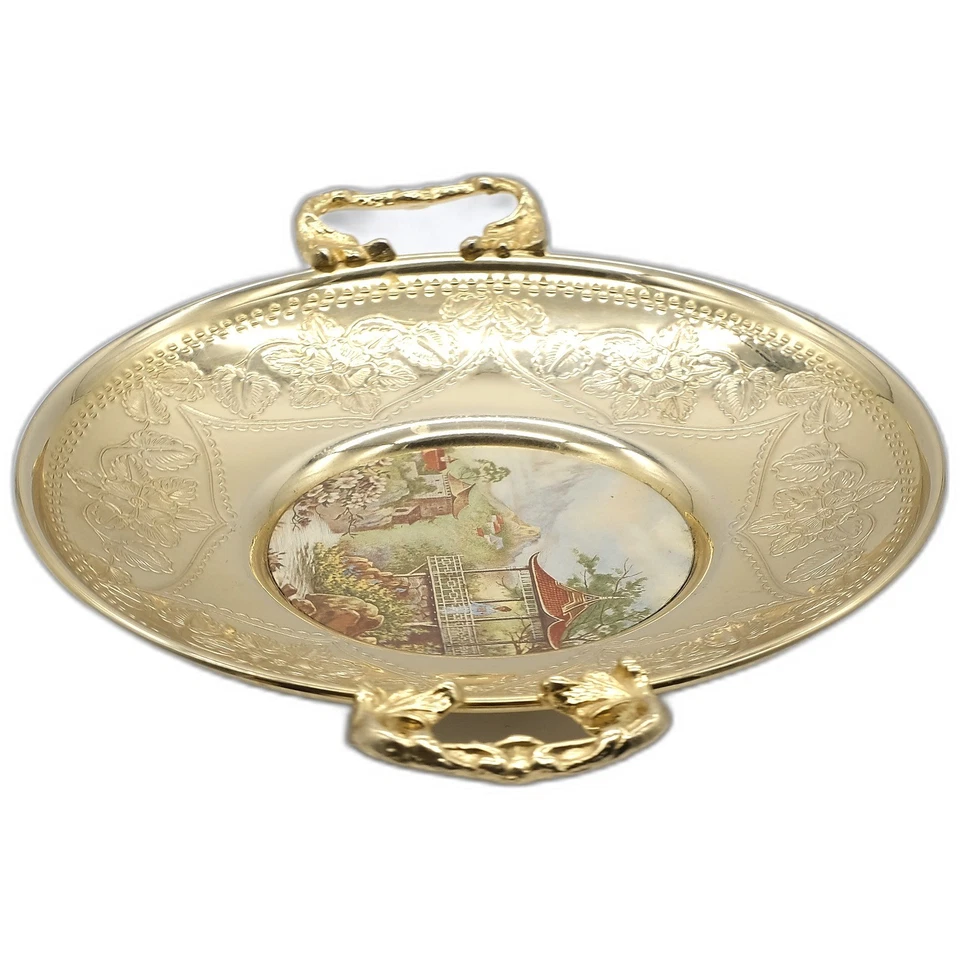 Cuenco griego vintage chapado en oro con mango - Inserto escénico de porcelana y grabado floral Foto 4 de 4