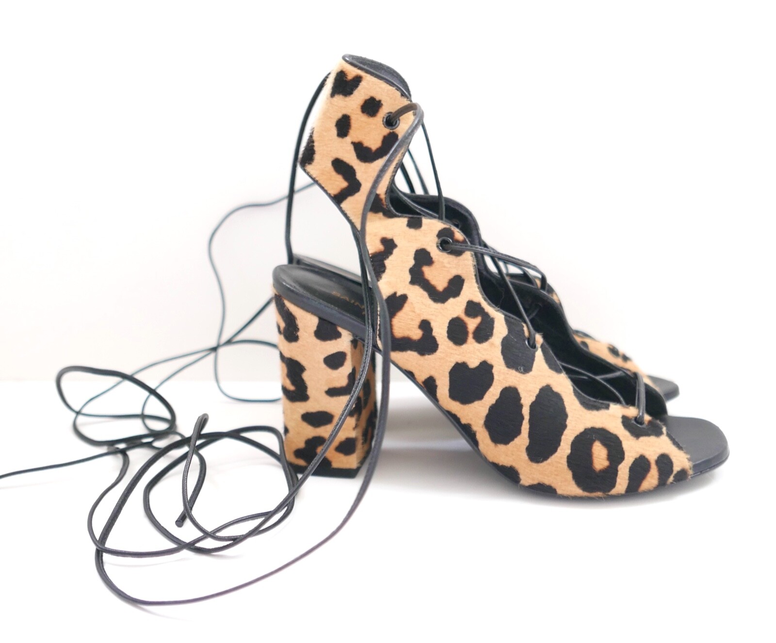 Sandali stringati Saint Laurent stampa leopardata capelli di vitello tacco 895 $ 36 5 UK3 5