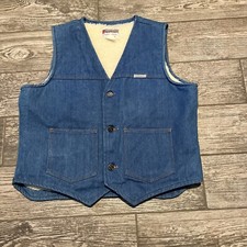 VINTAGE Denim Vest Mens Large Sherpa Fleece Lined Jean Jacket Pockets 70s L