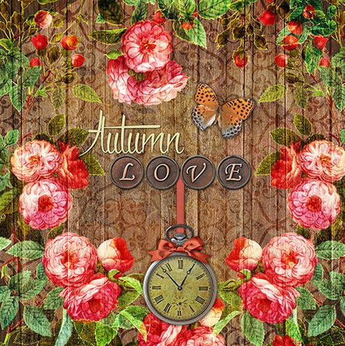 "20 Servietten\"Autumn Love\"Herbst*Rosen*Butterfly*Uhr*33X33 Holzwand Schriftzug"-image