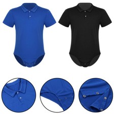 Men's Short Sleeve Undershirt Press Button Crotch Shirt Bodysuit Pajamas Leotard