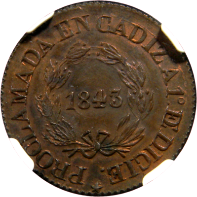 Spain, Cadiz 1843 Isabella II Proclamation Medal NGC MS 64 RB (9