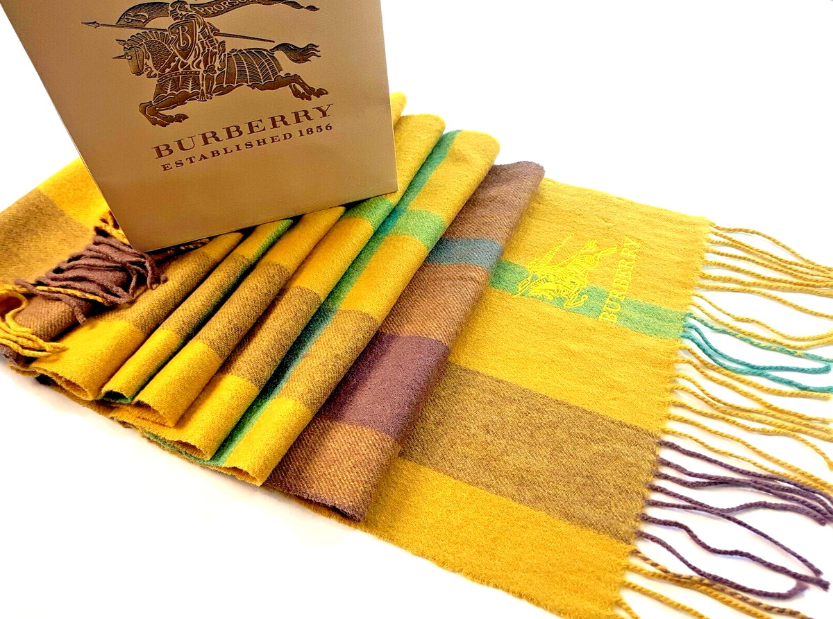 BURBERRY Mens Yellow Green 100% CASHMERE LUXURY SCARF 72in x