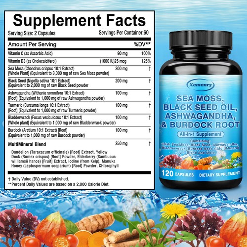 Sea Moss, Black Seed Oil, Ashwagandha, Burdock Root, Bladderwrack,All-in-1 Detox - Picture 2 of 12