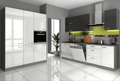 Küche Bianca V 240 + 160 cm Küchenzeile in Hochglanz Weiss Grau Küchenblock Grey - Bild 1 von 4
