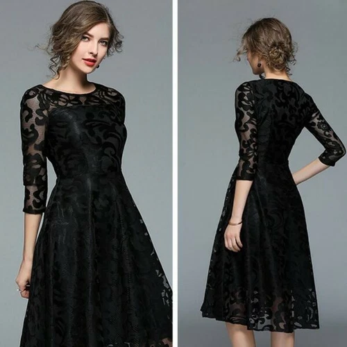 Vestido Europeo Para Mujer Encaje Manga 3/4 Columpio Calce Ajustado Línea A Fiesta Cóctel Vestido - Imagen 5 de 19